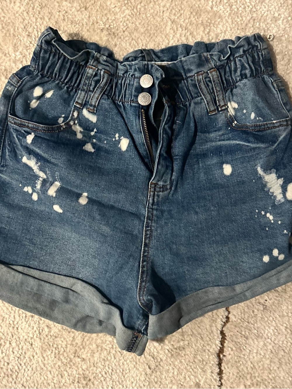 Women's Blue Distressed Paperbag Waist Denim Shorts